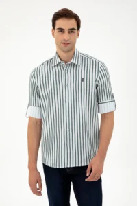 US Polo Assn. Men Dark Green Striped White Shirt - Image 3