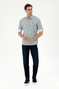 US Polo Assn. Men Dark Green Striped White Shirt - Image 4