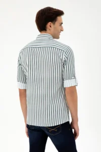 US Polo Assn. Men Dark Green Striped White Shirt - Image 5
