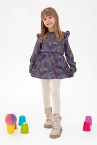 US Polo Assn. Girls' Navy Blue Floral Patterned Frilly Weaving Dress