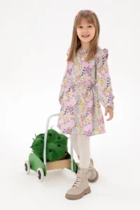 US Polo Assn. Girls' Stone Floral Patterned Frilly Weaving Dress - Image 2