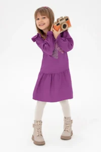 US Polo Assn. Girls' Violet Heart Embroidered Shoulder Detailed Weaving Dress