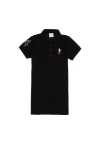 US Polo Assn. Girls' Black Polo Shirt Collar Short Sleeve A-Form Basic Knitting Dress