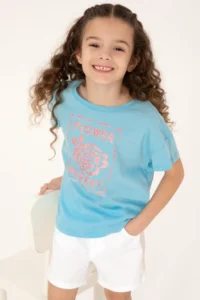 US Polo Assn. Girls' Aqua Crew Neck Floral Printed Cotton T-Shirt