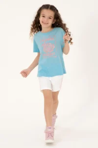 US Polo Assn. Girls' Aqua Crew Neck Floral Printed Cotton T-Shirt - Image 2