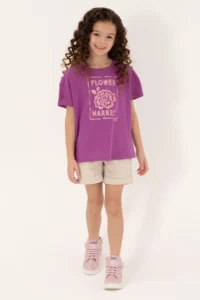 US Polo Assn. Girls' Violet Crew Neck Floral Printed Cotton T-Shirt - Image 2