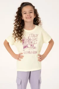 US Polo Assn. Girls' Cream Crew Neck Printed Cotton T-Shirt