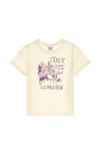 US Polo Assn. Girls' Cream Crew Neck Printed Cotton T-Shirt - Image 4