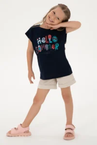 US Polo Assn. Girls' Navy Blue Crew Neck Printed Cotton T-Shirt - Image 2