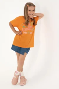 US Polo Assn. Girls' Orange Crew Neck Printed Cotton T-Shirt