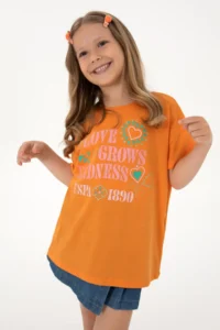 US Polo Assn. Girls' Orange Crew Neck Printed Cotton T-Shirt - Image 2