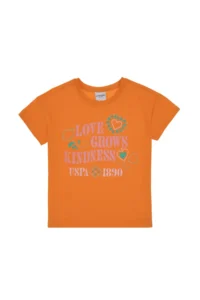 US Polo Assn. Girls' Orange Crew Neck Printed Cotton T-Shirt - Image 3