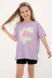 US Polo Assn. Girls' Lilac comfort Crew Neck Floral Printed Cotton T-Shirt