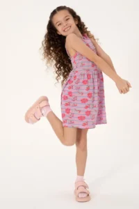US Polo Assn. Girls' Light Pink Crew Neck A-Form Patterned Knitting Dress