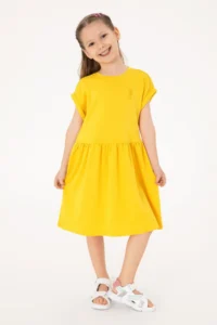 US Polo Assn. Girls' Yellow Crew Neck A-Form Modal Knitting Dress - Image 2