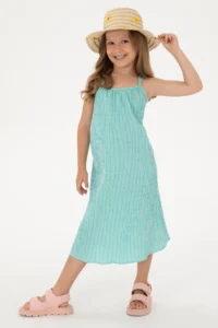 US Polo Assn. Girls' Mint Sleeveless A-Form Striped Weaving Dress
