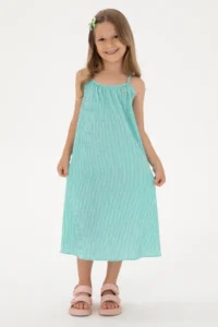 US Polo Assn. Girls' Mint Sleeveless A-Form Striped Weaving Dress - Image 2