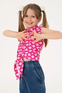 US Polo Assn. Girls' Fuchsia Flower Patterned tied up Sleeveless Shirt - Image 2