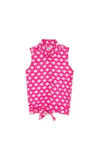 US Polo Assn. Girls' Fuchsia Flower Patterned tied up Sleeveless Shirt - Image 3