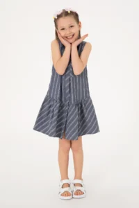 US Polo Assn. Girls' Navy Blue Polo Shirt Collar Sleeveless Striped Weaving Dress