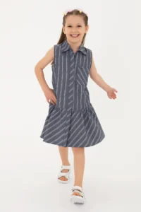 US Polo Assn. Girls' Navy Blue Polo Shirt Collar Sleeveless Striped Weaving Dress - Image 2