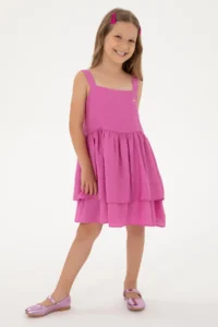 US Polo Assn. Girls' Fuchsia Frilly A-Form Sleeveless Weaving Dress