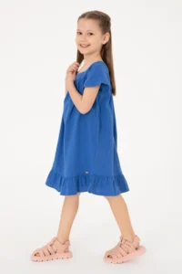 US Polo Assn. Girls' Blue Short Sleeve Muslin Material Weaving Dress - Image 2