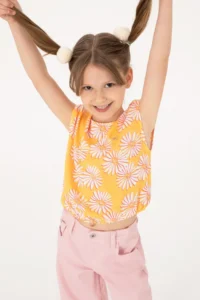 US Polo Shirt Assn. Girls' Orange Flower Patterned Sleeveless Shirt - Image 2