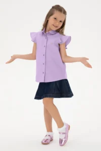 US Polo Assn. Girls' Lilac Ruffle Sleeve Detailed Cotton Shirt