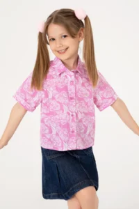 US Polo Assn. Girls' Fuchsia Flower Patterned Linen Look Short Sleeve Shirt