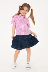 US Polo Assn. Girls' Fuchsia Flower Patterned Linen Look Short Sleeve Shirt - Image 2