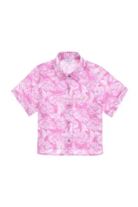 US Polo Assn. Girls' Fuchsia Flower Patterned Linen Look Short Sleeve Shirt - Image 3
