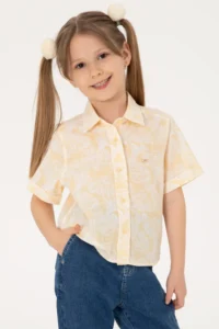 US Polo Assn. Girls' Light Yellow Floral Patterned Linen Look Short Sleeve Shirt - Image 2