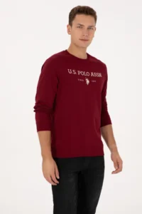 US Polo Assn. Men Regular Fit Crew Neck Burgundy Thin Basic Sweatshirt - Image 3