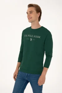 US Polo Assn. Men Regular Fit Crew Neck Dark Green Thin Basic Sweatshirt - Image 3