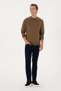 US Polo Assn. Men Regular Fit Crew Neck Khaki Thin Basic Sweatshirt - Image 4