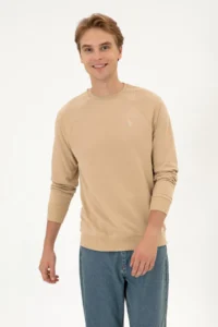 US Polo Assn. Men Regular Fit Crew Neck Sand Thin Basic Sweatshirt - Image 3