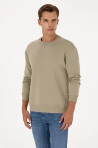 US Polo Assn. Men comfort Fit Crew Neck Fleece Light Khaki Basic Sweatshirt - Image 3