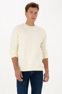 US Polo Assn. Men comfort Fit Crew Neck Fleece Cream Basic Sweatshirt