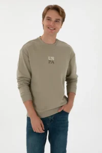 US Polo Assn. Men Crew Neck comfort Fit Light Khaki Basic Sweatshirt