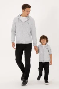 US Polo Assn. Boys' Light Gray Zippered Fleece Hooded Knitting Cardigan