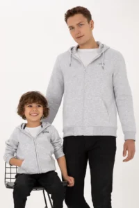 US Polo Assn. Boys' Light Gray Zippered Fleece Hooded Knitting Cardigan - Image 2