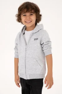 US Polo Assn. Boys' Light Gray Zippered Fleece Hooded Knitting Cardigan - Image 3