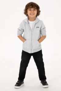 US Polo Assn. Boys' Light Gray Zippered Fleece Hooded Knitting Cardigan - Image 4