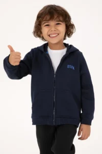 US Polo Assn. Boys' Navy Blue Zippered Fleece Hooded Knitting Cardigan - Image 3