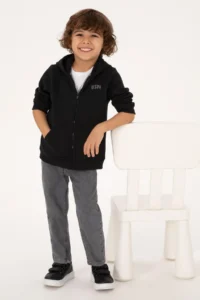 US Polo Assn. Boys' Black Zippered Fleece Hooded Knitting Cardigan - Image 4