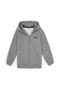 US Polo Assn. Boys' Gray Melanj Zippered Fleece Hooded Knitting Cardigan