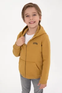US Polo Assn. Boys' Mustard Zippered Fleece Hooded Knitting Cardigan