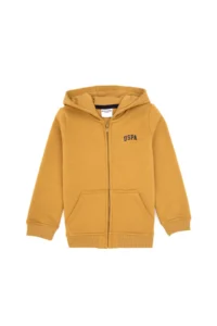US Polo Assn. Boys' Mustard Zippered Fleece Hooded Knitting Cardigan - Image 3