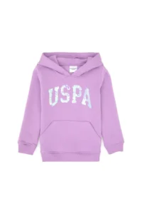 US Polo Assn. Girls' Lilac Sequin Embroidered Fleece Hooded Basic Sweatshirt